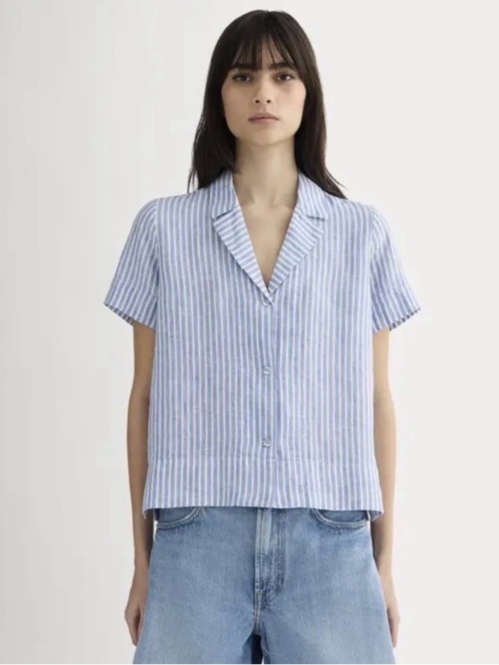 Everlane The Notch Shirt in Linen in Blue & White Stripes Size Large - C71-005